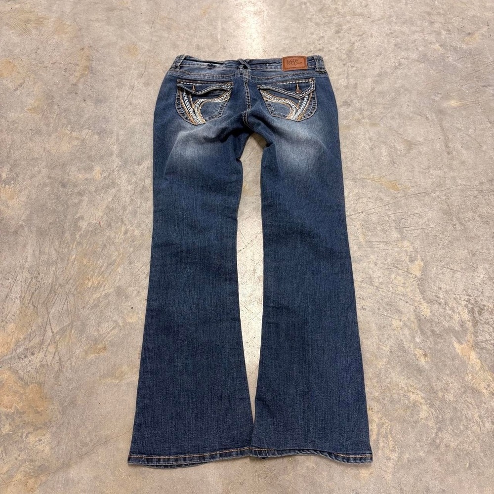 Ariya Jeans Women Blue Low Rise Flare Embroidered Y2K Distressed Size 11/12
